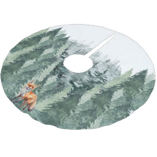 Aquarellwald mit Wolf Polyester Weihnachtsbaumdecke