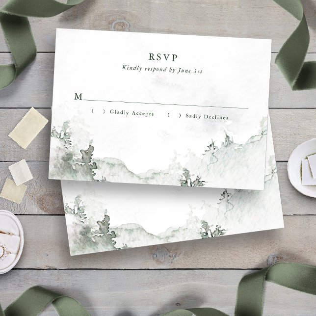 Aquarellwald RSVP Karte (Green and White Simple Minimalist Watercolor Forest RSVP Card
)