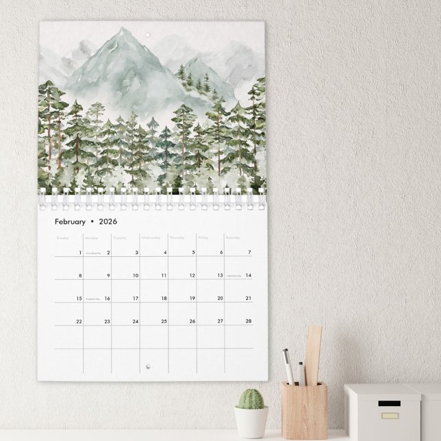 Aquarellwald und Blume 2026 Kalender (In situ)
