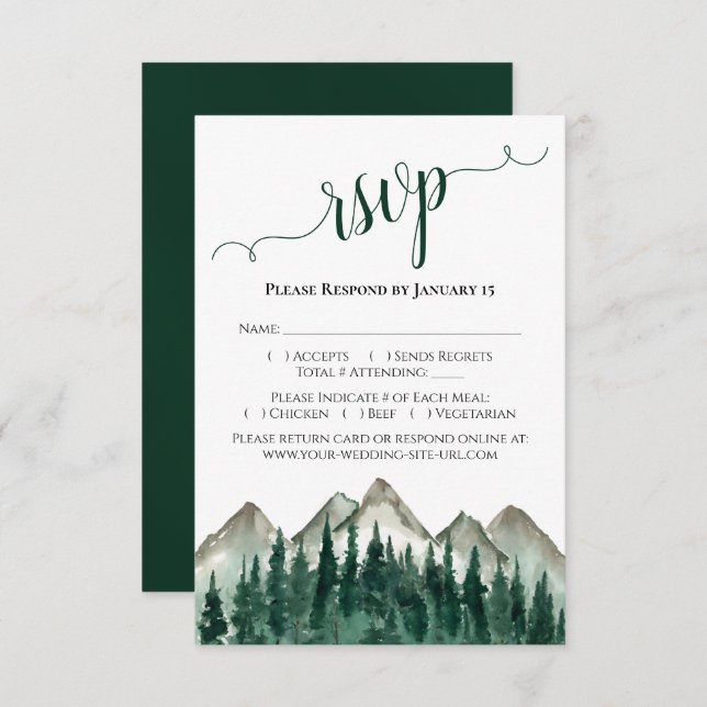 Aquarellwald und Gebirge Rustikale Hochzeit RSVP Karte (Vorne/Hinten)