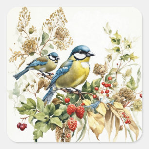 Aquarellwald - Vögel und Wildbeeren Quadratischer Aufkleber