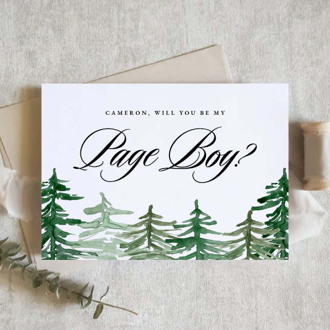 Aquarellwald wird mein Page Boy sein ( Customizable Woodland "Will You Be My Page Boy?" Card featuring enchanting watercolor forest.)