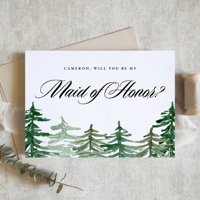Aquarellwald wird meine Trauzeugin sein Einladungspostkarte (Customizable woodland Will You Be My Maid of Honor card featuring watercolor enchanted forest.)