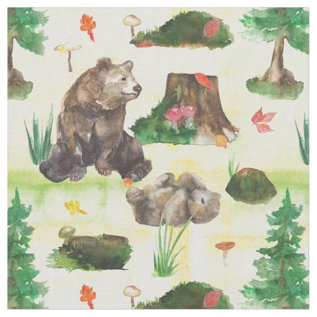 Aquarellwaldbär mit Bärenkuppe Stoff (Nahaufnahme)