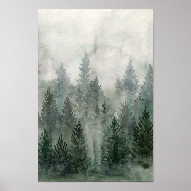 Aquarellwaldlandschaft Nebelkiefer Poster (Vorne)