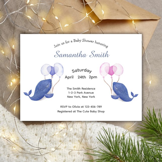 Aquarellwale mit Ballons Babydusche Einladung (Whale Baby Shower Invitation)