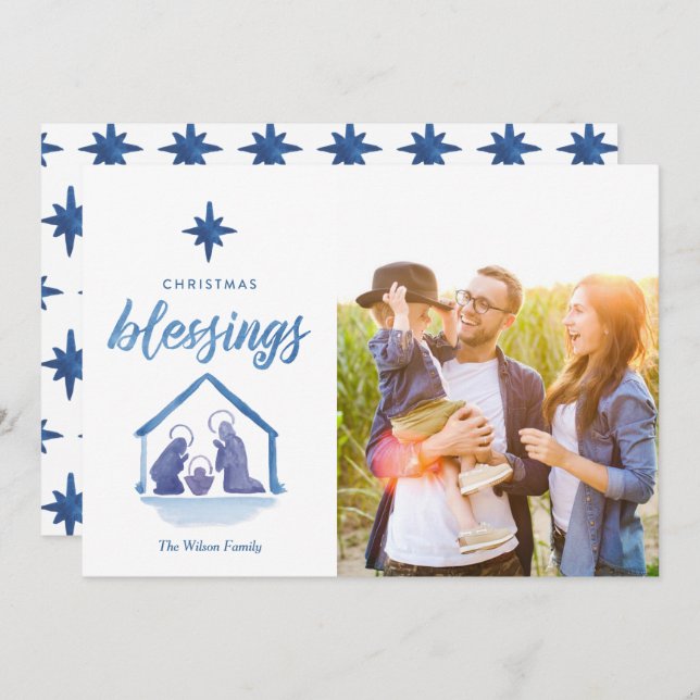 Aquarellweihnachtsgesang Krippe 2-Foto Feiertagskarte (Vorne/Hinten)