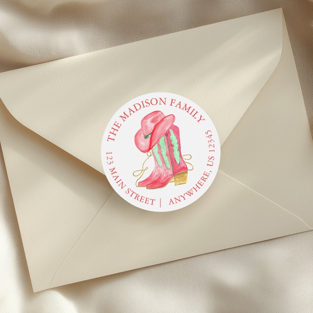 Aquarellwein Weihnachten Cowboy Boots Rücksendeadr Runder Aufkleber (Von Creator hochgeladen)