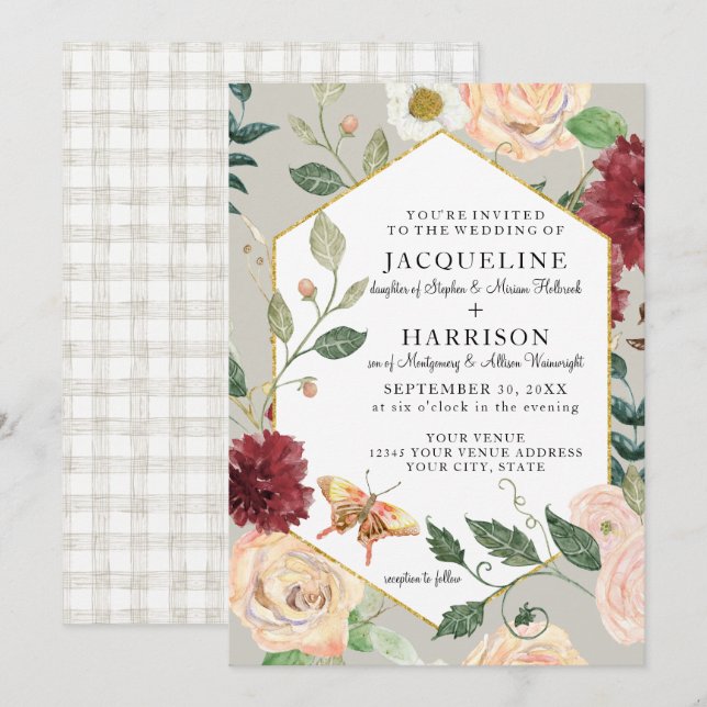 Aquarellweine in Rose Butterfly Einladung (Vorne/Hinten)