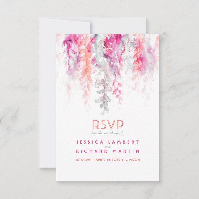Aquarellweine Korallenorange Rosa grüne Hochzeit RSVP Karte (Vorderseite)