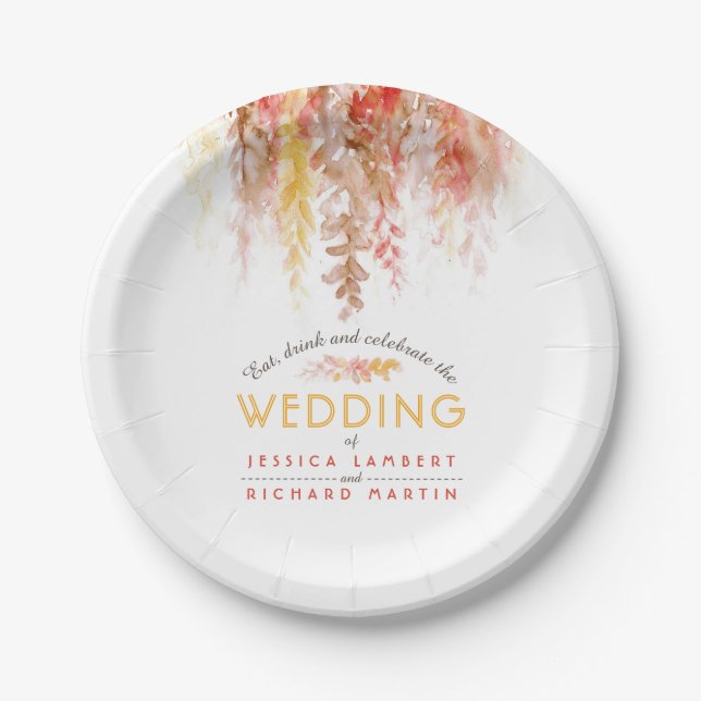 Aquarellweine Orangenbraun Hochzeit im Herbst Pappteller (Vorderseite)
