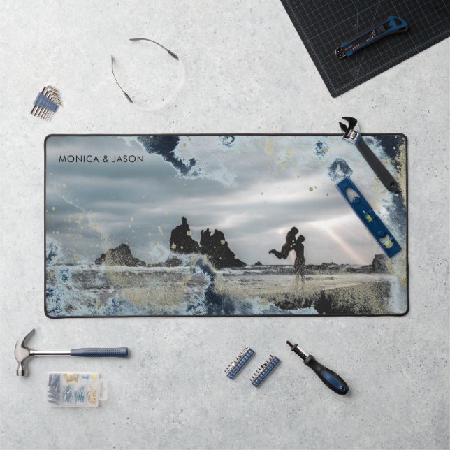 Aquarellwellen paaren Foto-Monogramm Schreibtischunterlage (Arbeitsplatz)