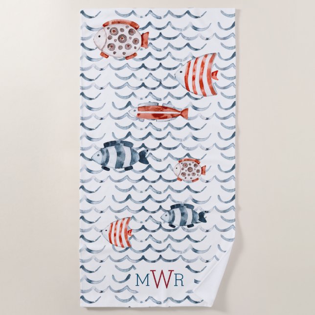 Aquarellwellen Rot und Blau Fische Triple Monogram Strandtuch (Vorderseite)