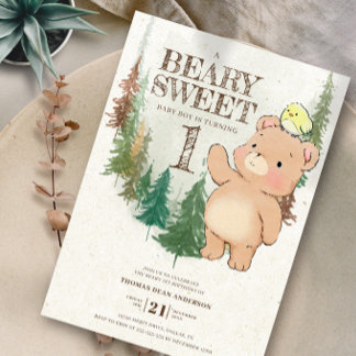 Aquarellwoodland Beary Sweet 1. Geburtstag Einladung