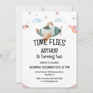 Aquarellzeit Fliegt Flugzeug zum Geburtstag Einlad Einladung