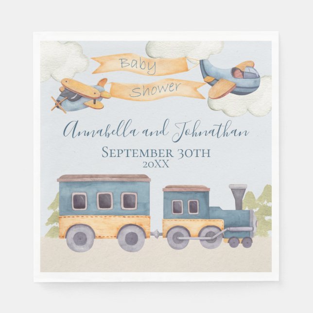 Aquarellzug und Flugzeuge Baby Boy Blue Serviette (Vorderseite)