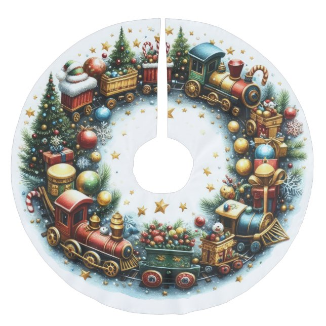 Aquarellzüge auf weiße Weihnachten Polyester Weihnachtsbaumdecke (Vorderseite)