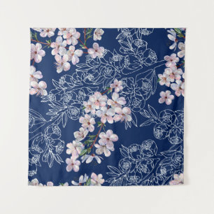 Aquarellzweig Blumen Kirsche mit Zweig Graph Wandteppich