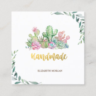 Aquarellzweig, handgefertigter floraler Kaktus Quadratische Visitenkarte