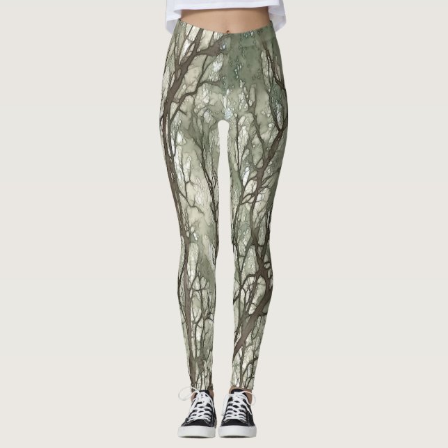 Aquarellzweige Grüner Camouflage Leggings (Vorderseite)