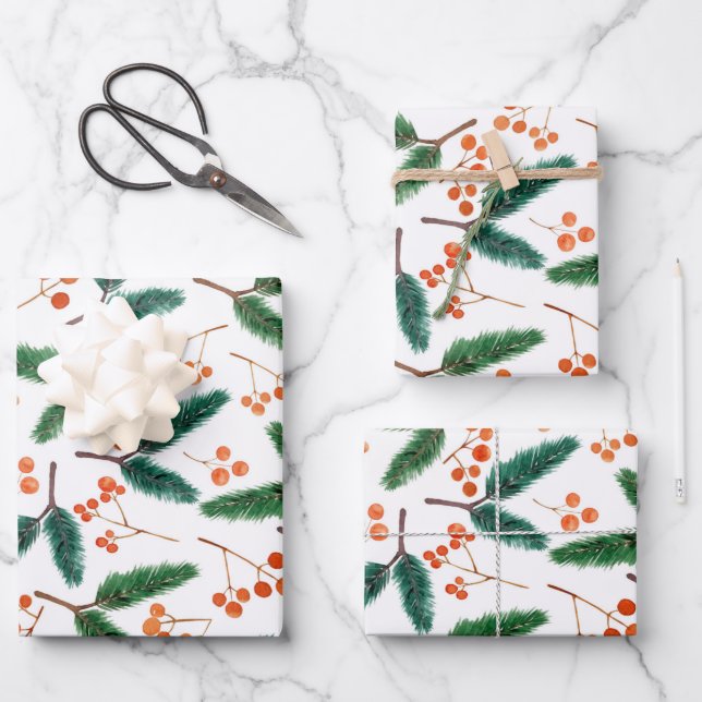 Aquarellzweige und Berries Winter  Geschenkpapier Set (Vorderseite)