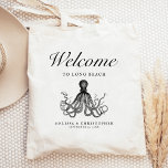 Aquarium Hochzeit in Urlaubsort Willkommen Oktopus Tragetasche<br><div class="desc">Dieses Aquarium Hochzeit in Urlaubsort Hotel oder Gefallen-Tasche zeigt eine Vintage Abbildung eines Oktopus unter dem Wort "willkommen" in eleganten Schrift. Personalisieren Sie es mit Ihrem Hochzeitsort,  den Namen der Braut und des Bräutigams und dem Hochzeitstag.</div>