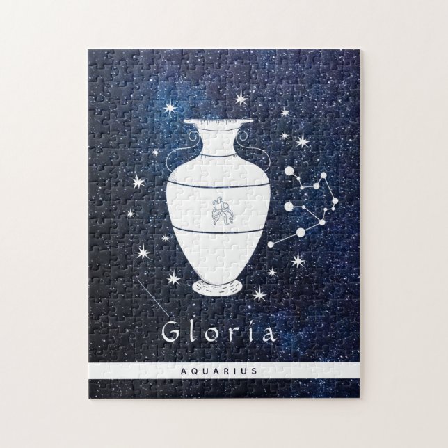 Aquarius Blue Cosmic Star Galaxy Zodiac Name Puzzle (Vertikal)