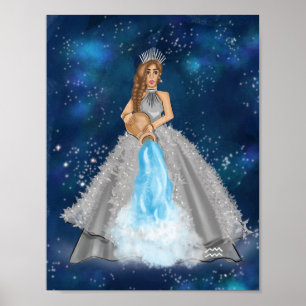 Aquarius Goddess Mode Illustration in Navy Blue Poster