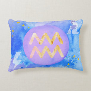 Aquarius Lila Blue Watercolor Astrologie Zodiac Dekokissen