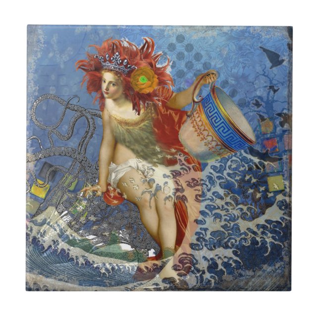 Aquarius Mermaid Gothic Blue Art Fliese (Vorderseite)