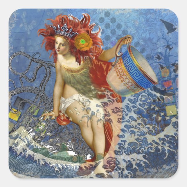 Aquarius Mermaid Gothic Blue Art Quadratischer Aufkleber (Vorderseite)