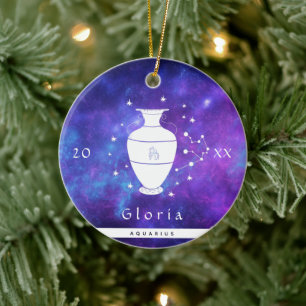 Aquarius Purple Cosmic Galaxy Zodiac Sign Name Keramik Ornament