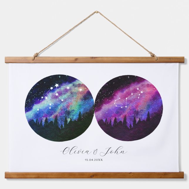 Aquarius Scorpio Personalisierte Paare Horoskop Wandteppich Mit Holzrahmen (Vorne)