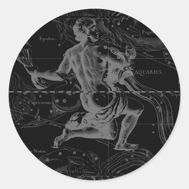 Aquarius Sign Constellation Map von Hevelius Runder Aufkleber (Vorderseite)