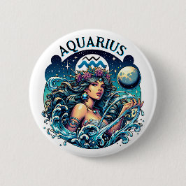 Aquarius Water Bearer Beautiful Woman Astrology Button