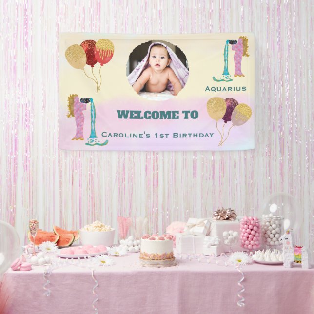 Aquarius Watercolor 1st Birthday Photo Sign Banner (Party)