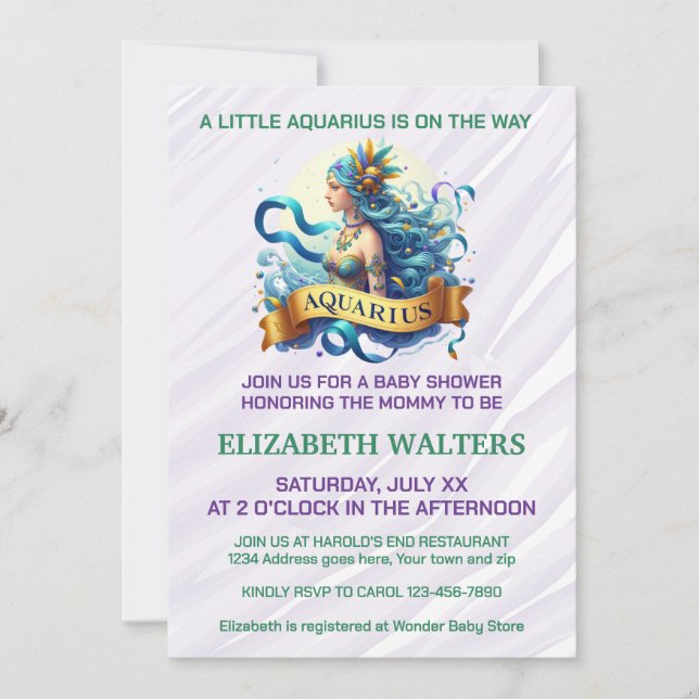 Aquarius Zodiac Baby Shower Lavender and Green Einladung (Vorderseite)