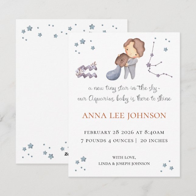 Aquarius Zodiac Birth Announcement Feiertagskarte (Vorne/Hinten)