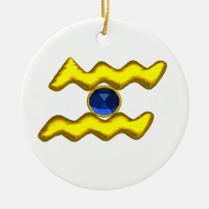 AQUARIUS ZODIAC BIRTHDAY JEWEL Blue Saphire Gold Keramikornament