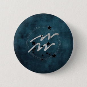 Aquarius zodiac black & silver constellation teal button
