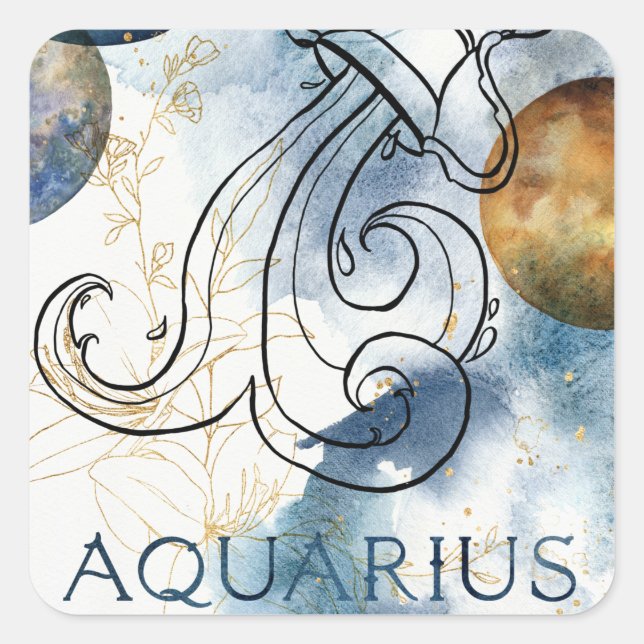Aquarius zodiac-blaue schwarze Goldplaneten Quadratischer Aufkleber (Vorderseite)