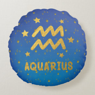 Aquarius Zodiac Blue und Gold Round Pillow Rundes Kissen