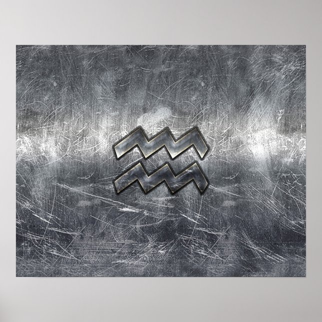 Aquarius Zodiac Distressed Silver Steel Style Poster (Vorne)