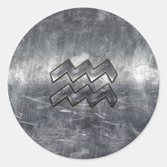 Aquarius Zodiac gestörter Silberstahlstil Runder Aufkleber (Vorderseite)