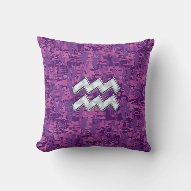 Aquarius Zodiac Sign auf Fuchsia digitale Tarnung Kissen (Vorderseite)