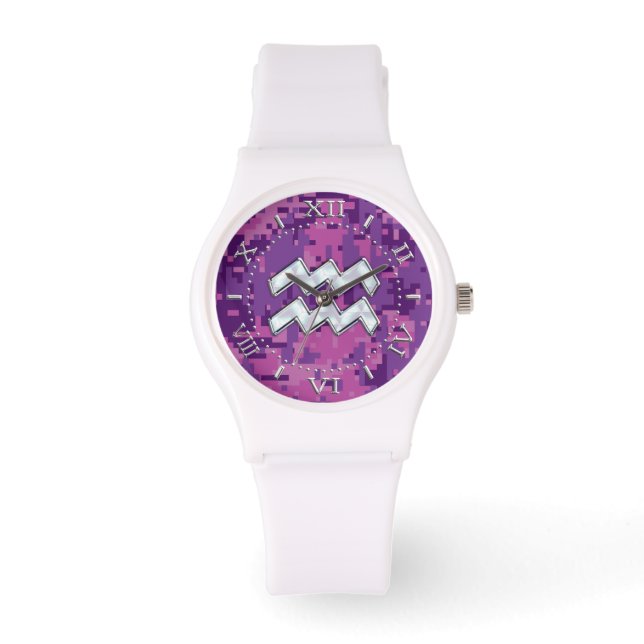 Aquarius Zodiac Sign auf Pink Camouflage Dial Armbanduhr (Vorderseite)