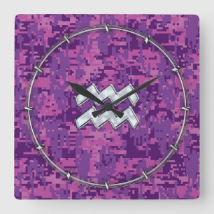 Aquarius Zodiac Sign auf Pink Digital Camouflage Quadratische Wanduhr