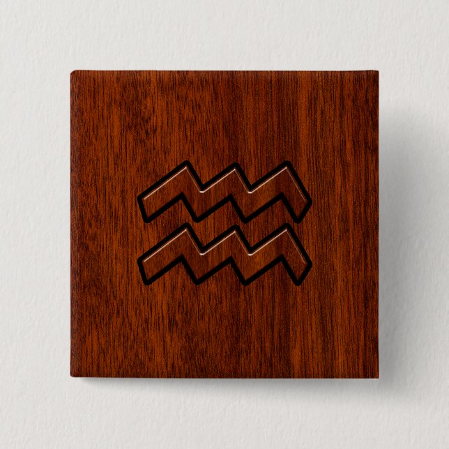 Aquarius Zodiac Sign Mahogany Wood Style Button (Vorderseite)