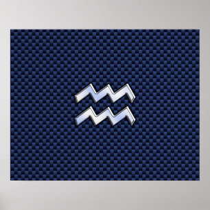 Aquarius Zodiac Sign on navy blue carbon fiber Poster