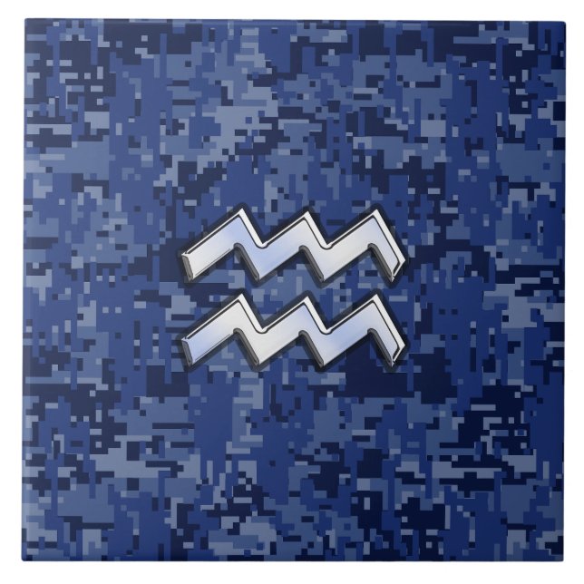 Aquarius Zodiac Symbol auf blauer Camouflage Dekor Fliese (Vorderseite)